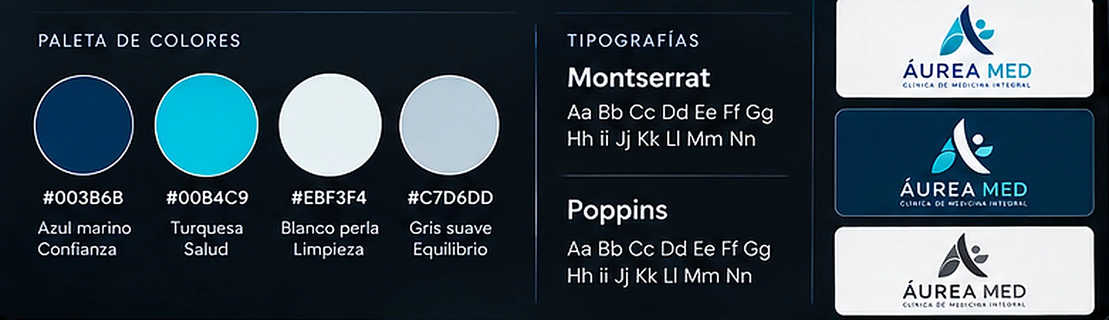 Colores, tipografías y variantes de logotipo de ÁUREA MED