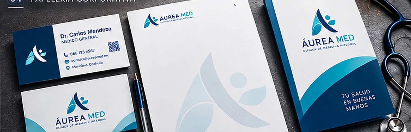 Tarjetas, papelería y aplicaciones corporativas conceptuales de ÁUREA MED